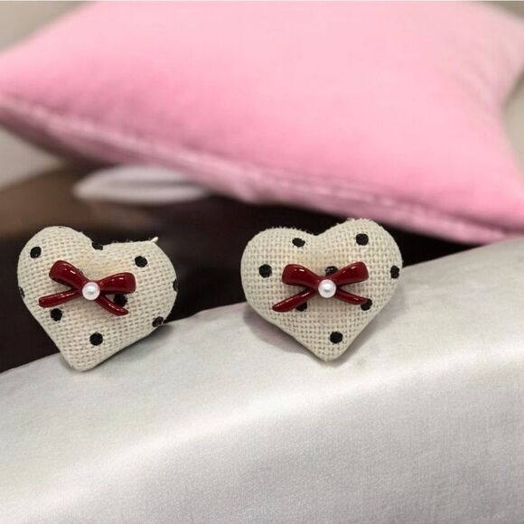 Polka-Dot Heart-Shaped Earrings Red Bow Puffed Fabric Retro Women's Jewelry New - Picture 6 of 8